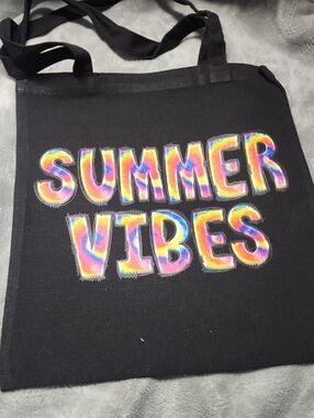 Black 'Summer Vibes' Canvas Tote Bag. 13x15.